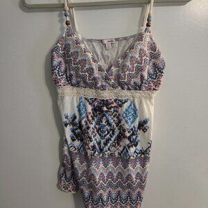 Bongo Tank Top-Cream, Blue and Purple with Beaded Strap Detail